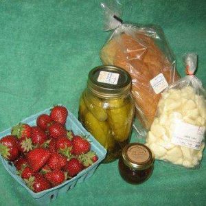 Bread, strawberries, jam, farmer's market