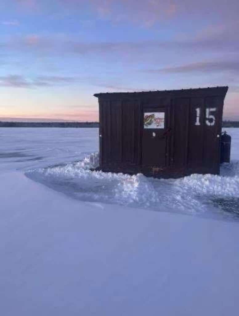Heated fish house rentals, Oak Island Lodge, NW Angle, Lake of the Woods MN