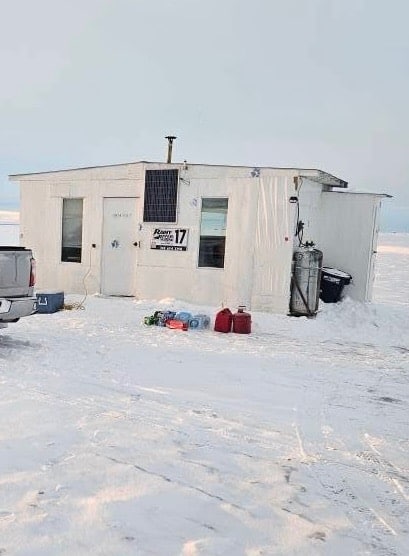 Rainy River Resort sleeper fish house, ice fishing Lake of the Woods MN