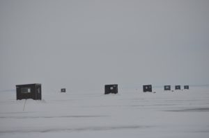 Row of fish houses on Lake of the Woods