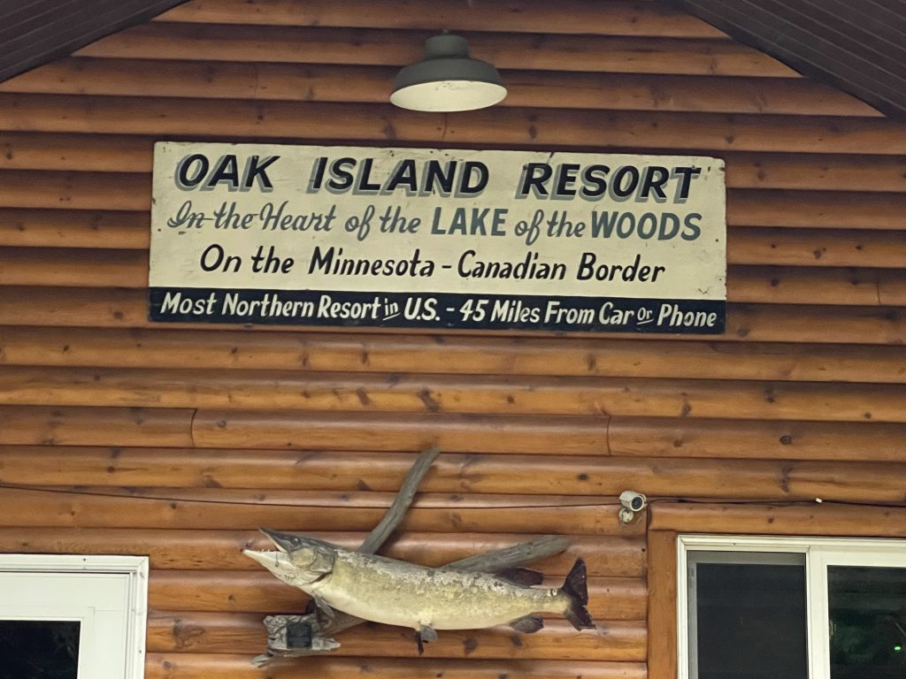 Oak Island Resort sign and muskie
