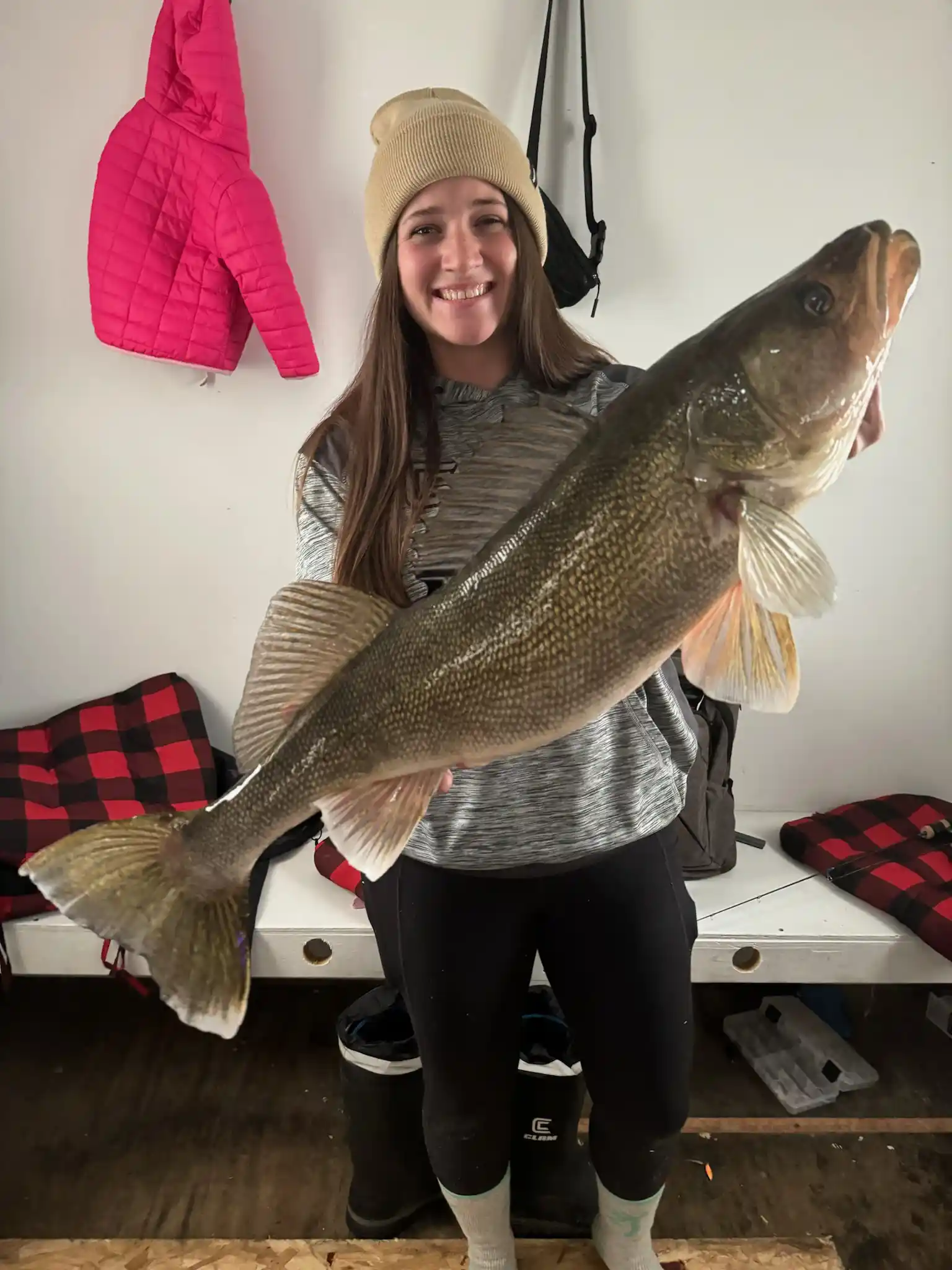 30 inch walleye in a fish house while ice fishing, Lake of the Woods MN