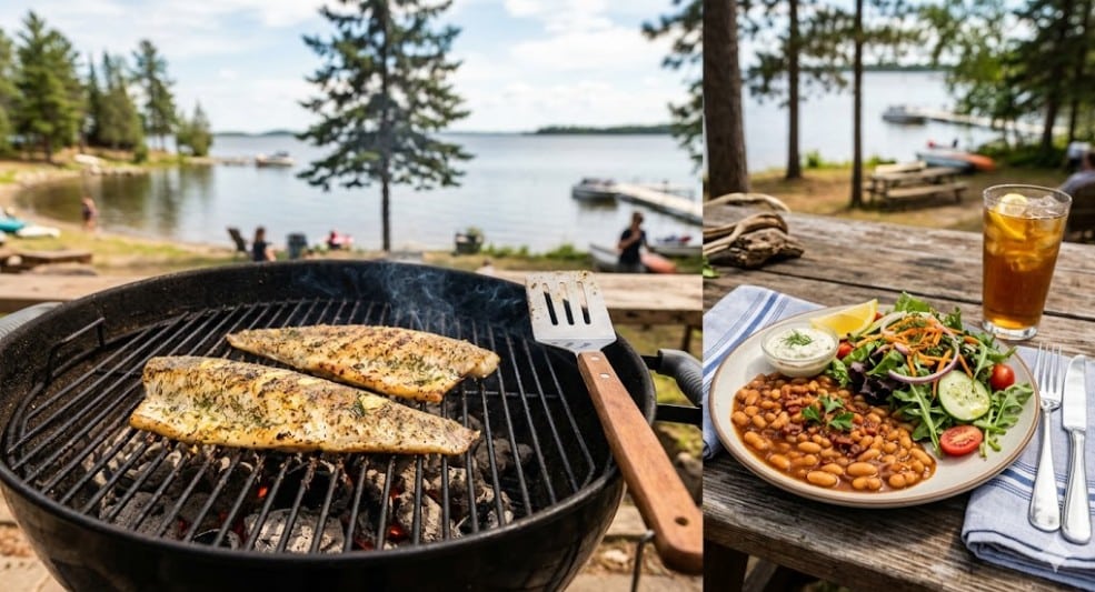 grilled walleye lake of the woods side of beans and salad