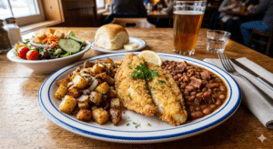 fresh walleye dinner fried potatoes pork and beans lake of the woods