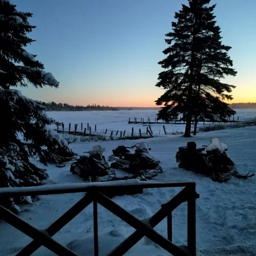 Snowmobiles at a NW Angle Resort. Snowmobiling Lake of the Woods