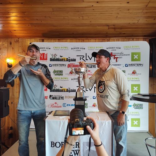 Tony Boyd and Chris Philen, winners of the 2025 Chili Bowl walleye tournament at Border View Lodge on the Rainy River