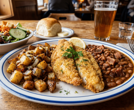 fresh walleye dinner fried potatoes pork and beans lake of the woods