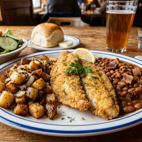 fresh walleye dinner fried potatoes pork and beans lake of the woods
